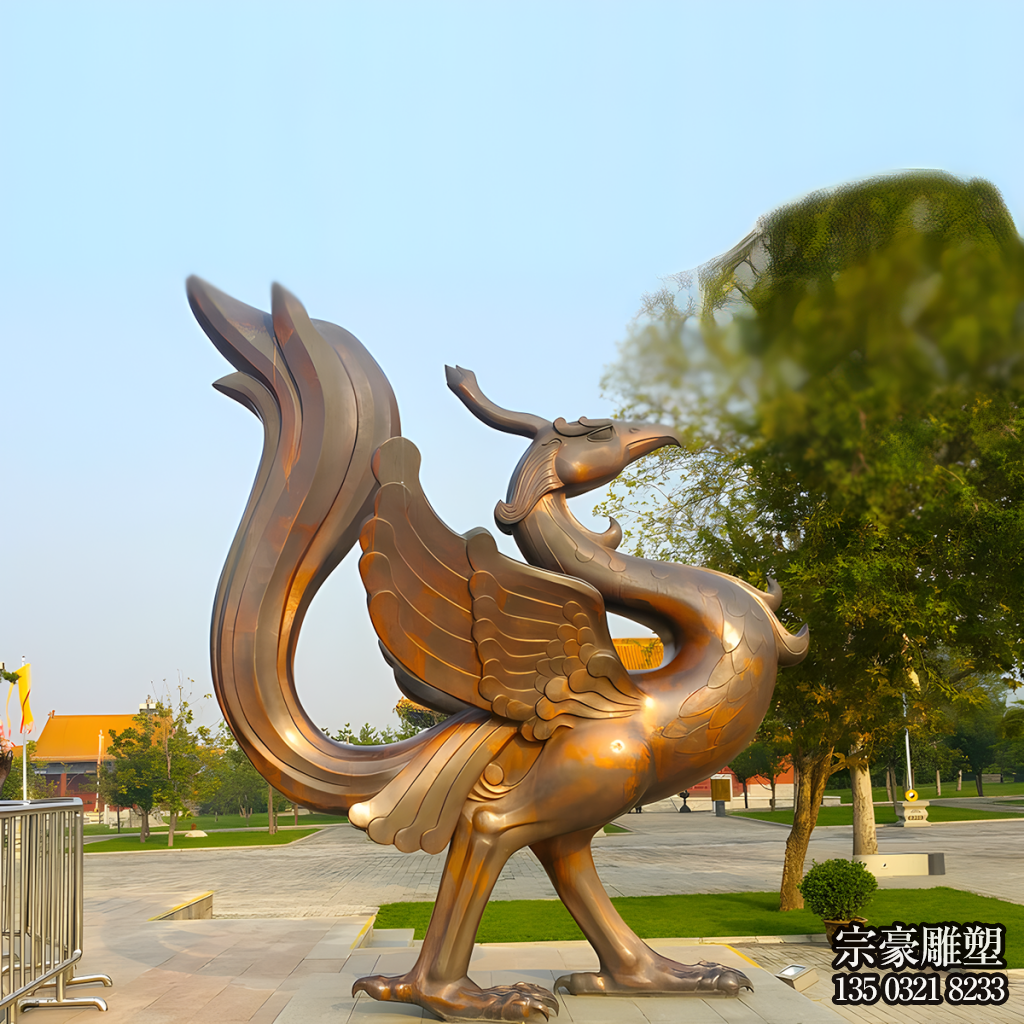 朱雀銅雕，紫銅色鑄銅神獸朱雀雕塑