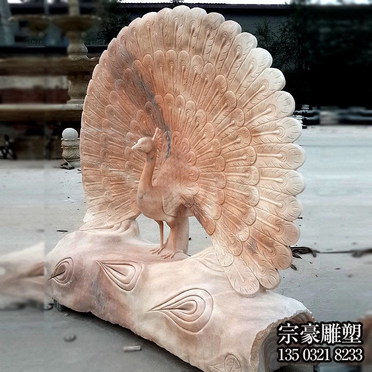 晚霞紅大理石開屏孔雀石雕擺件
